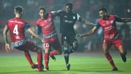 Three Jamshedpur defenders marking one NorthEast forward